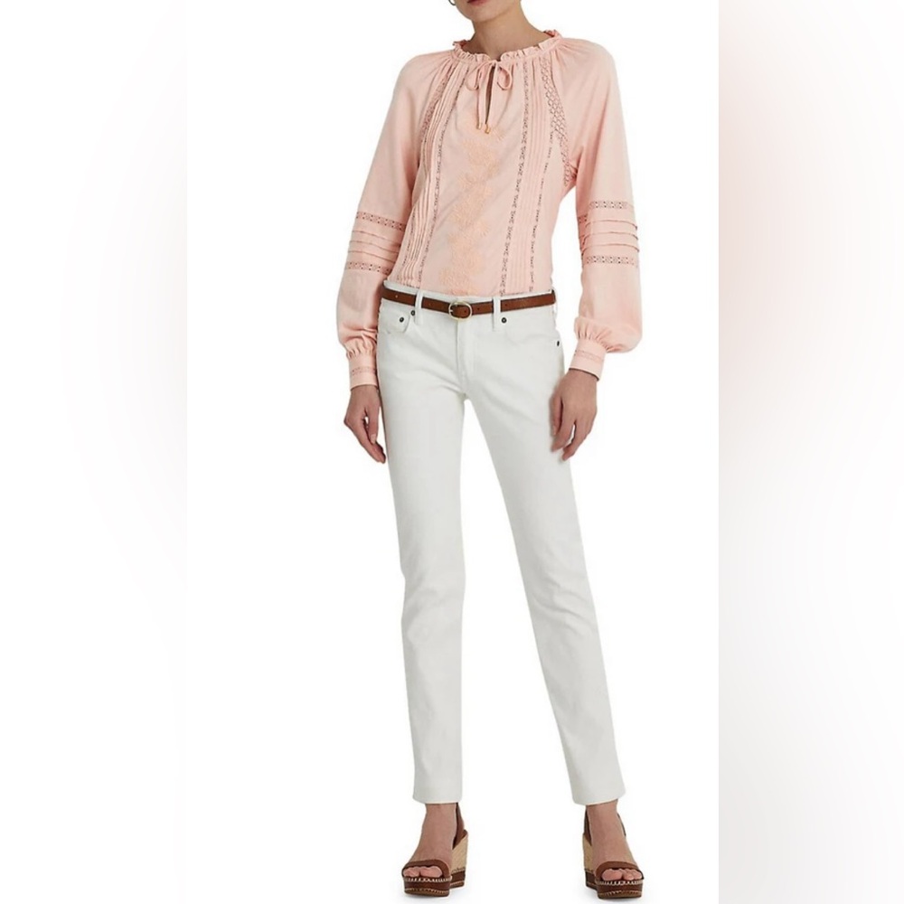 NWT Lauren Ralph Lauren Shyeda Embroidered Tie Neck Blouse in Pink Size XS